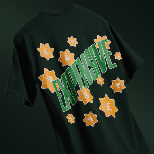 Deep dark green oversized 'Expensive Tee' floating against a matching background, featuring 'Cobalt Green' branding on the front. The back is adorned with bold screen and puff print reading 'Expensive' accented with currency symbols, adding a luxe, streetwear vibe. Made from 220 GSM cotton-rich fabric with bio-washed and gold-finished treatment for a soft, premium feel. Designed for a relaxed unisex fit, blending casual comfort with high-end style.