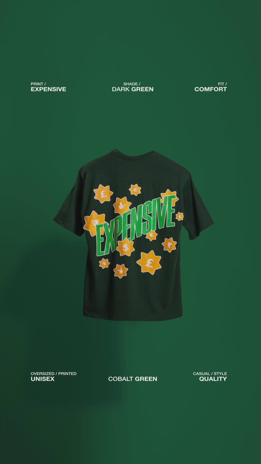 Video showcasing the back of the deep dark green 'Expensive Tee' floating against a matching backdrop. The screen and puff print design of the word 'Expensive' with currency symbols is prominently displayed, emphasizing the luxurious, bold style of the oversized tee.